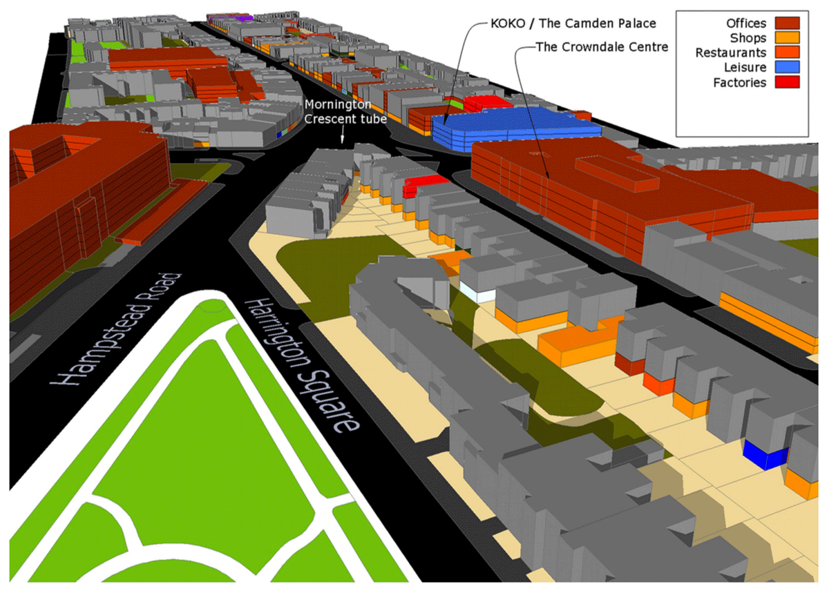 Figure 1: 3DStock model of Camden High Street, London. The dominant activity on each floor of each building is colour coded. Houses and flats are shown in grey